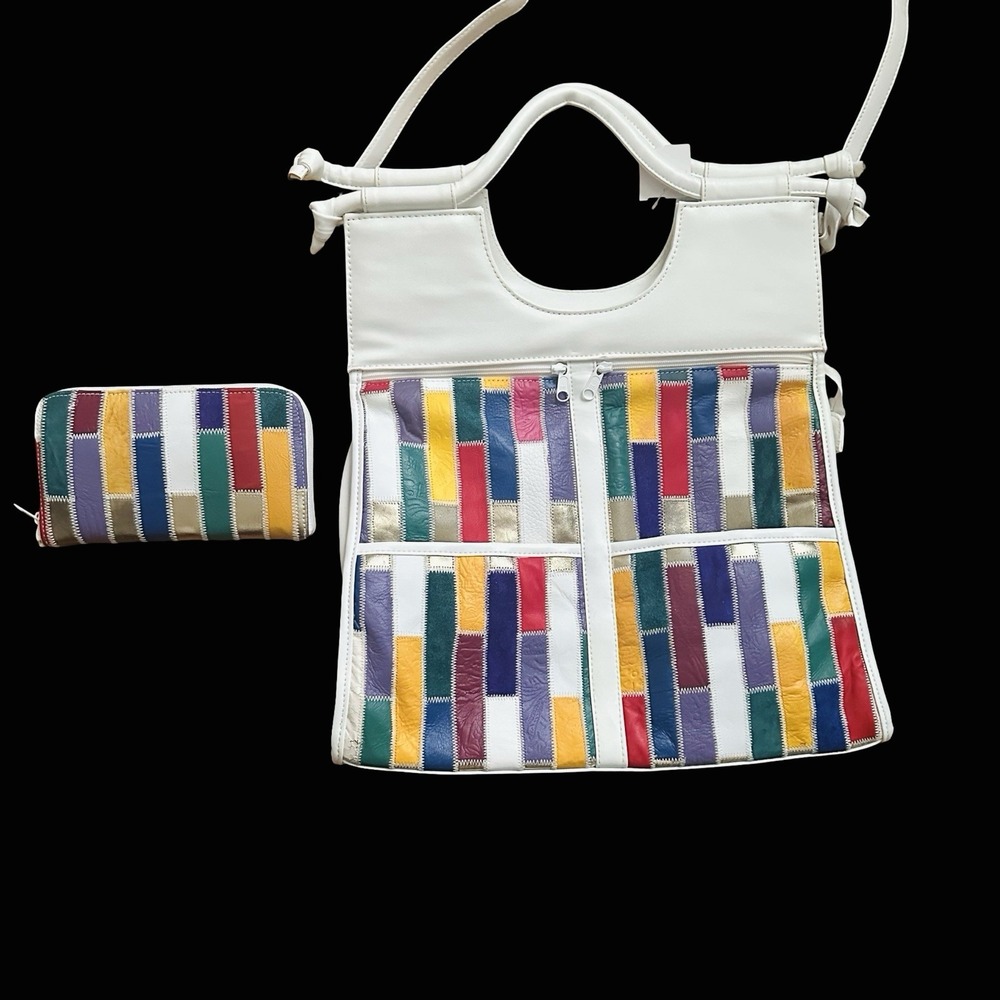 La Covina Vtg 80s Large Patchwork Leather Crossbody Purse Bag & Wallet 2pc Boho